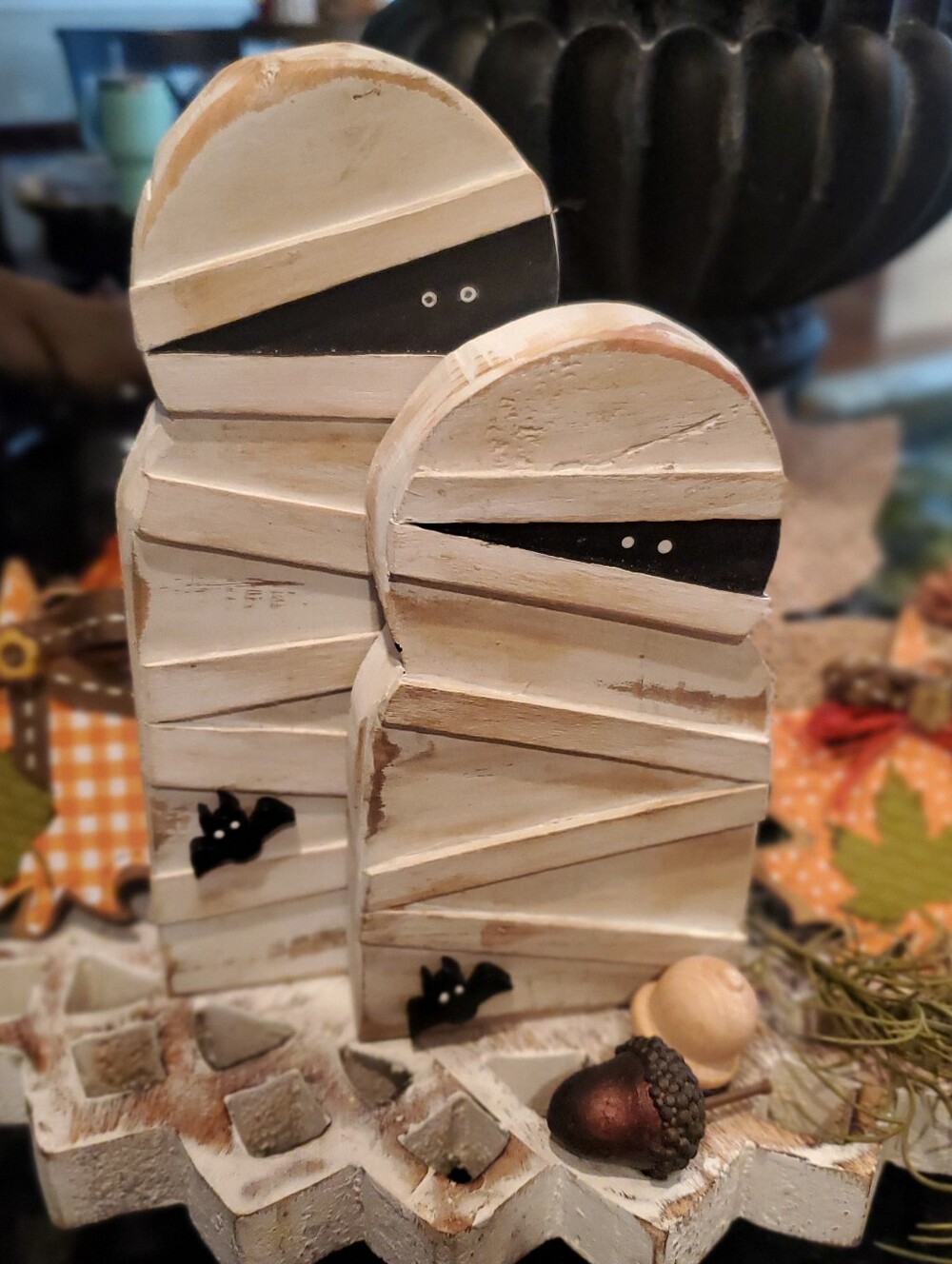 Rustic Wooden Mummy Duo - Handmade Halloween Decor Set